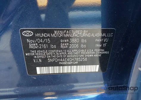 2016 Hyundai Elantra Se from USA, damaged, VIN 5NPDH4AE4GH785258